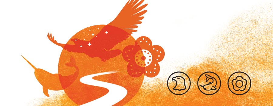 orange sun, with a white road leading into the sun with a narwal, eagle and flower in the foreground. Black icons to the left of the image or an eagle, fish and flower