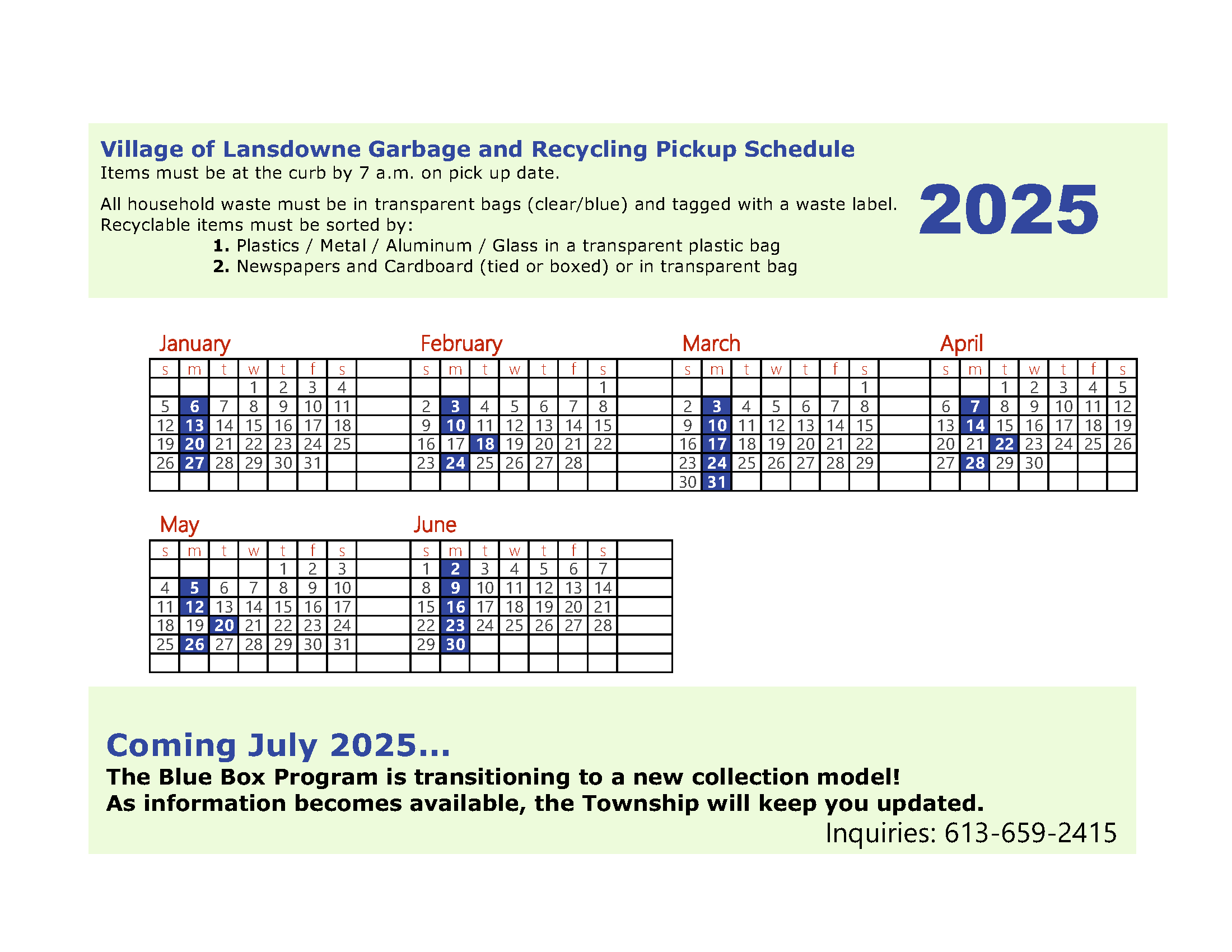 Dates for Garbage Pickup in Lansdowne