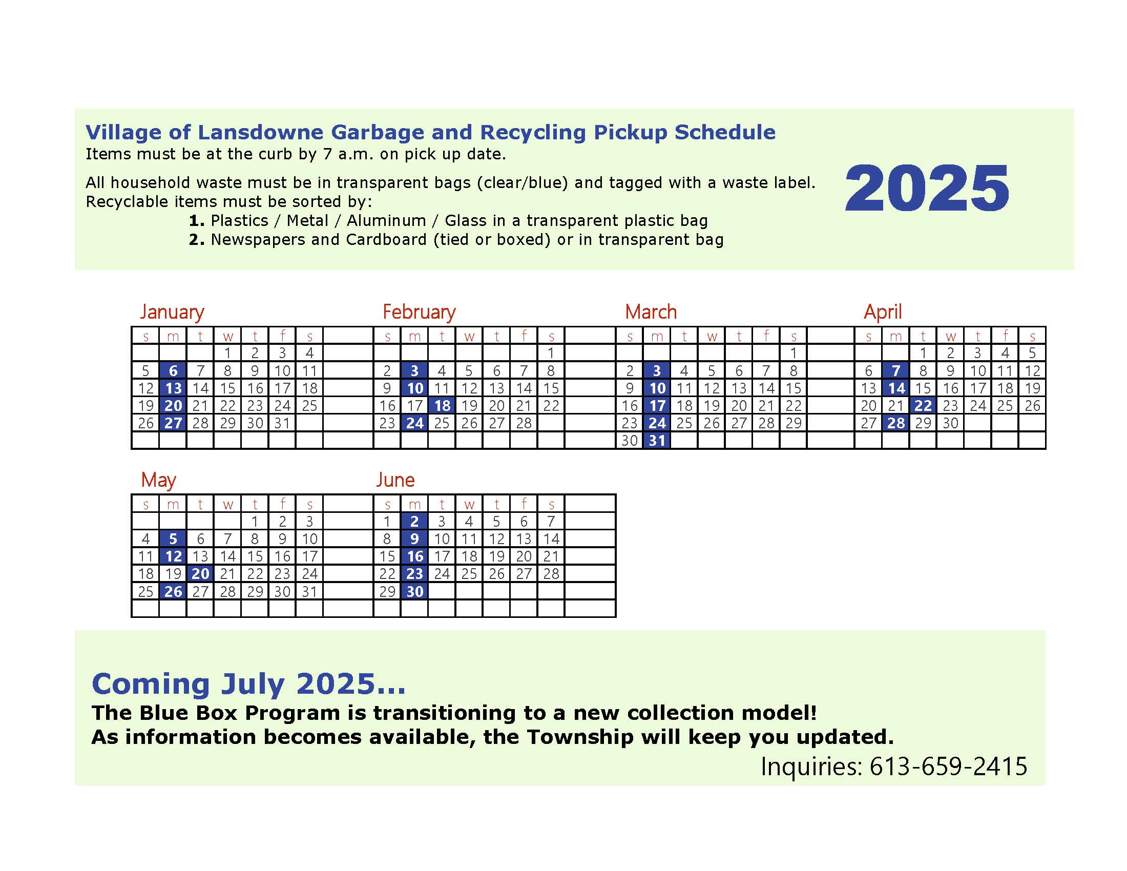 2025 Village Curbside Pick Up Calendar