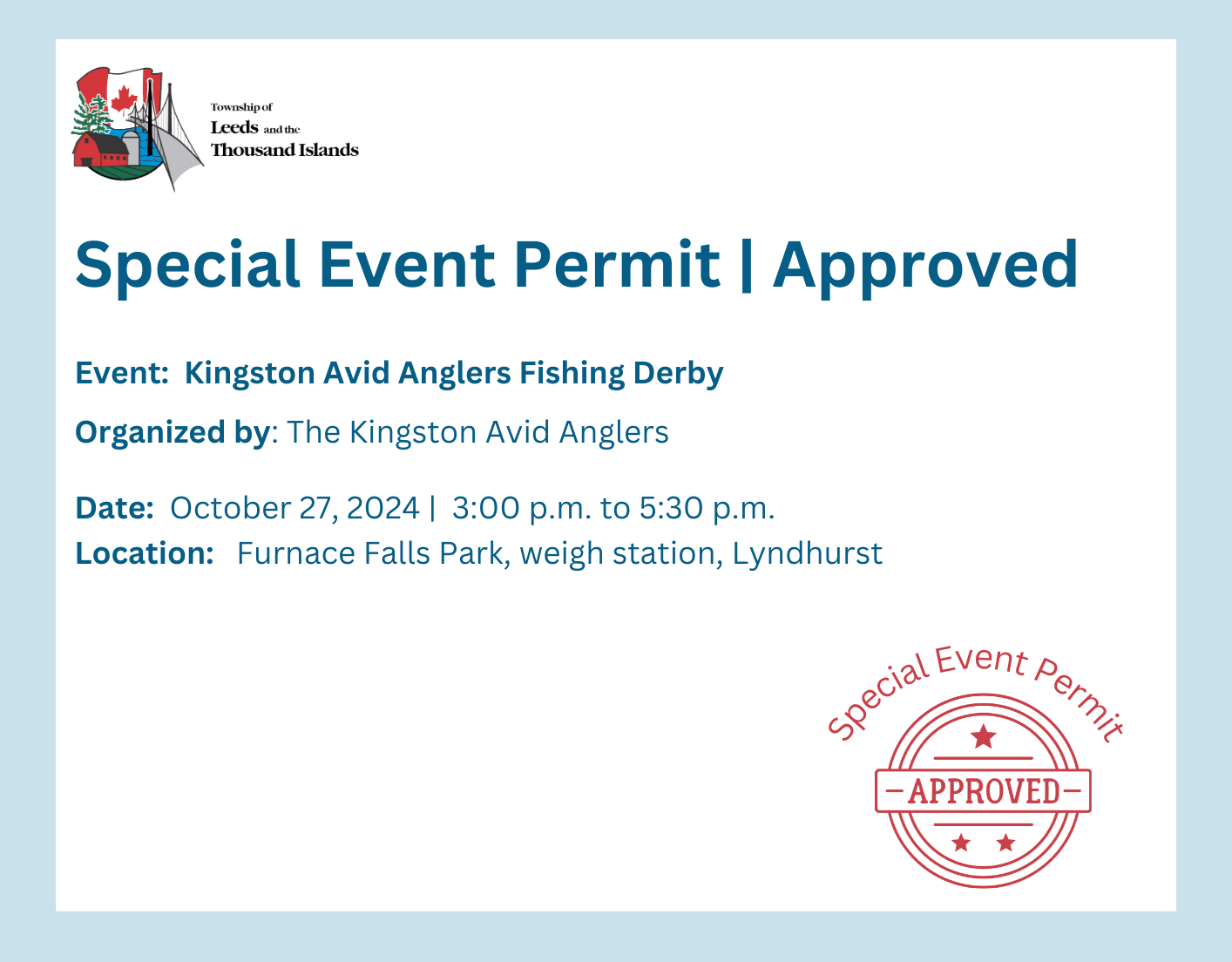 Special event permit approval certificate Kingston Avid Anglers