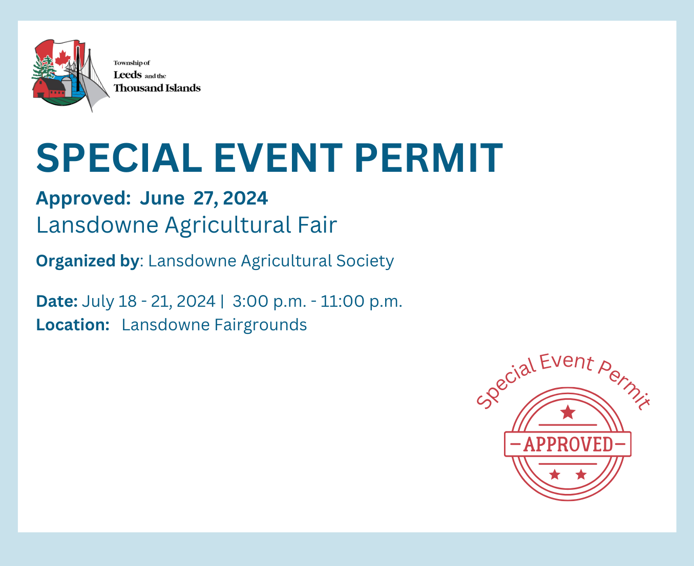 Special event permit approval certificate Lansdowne Fair