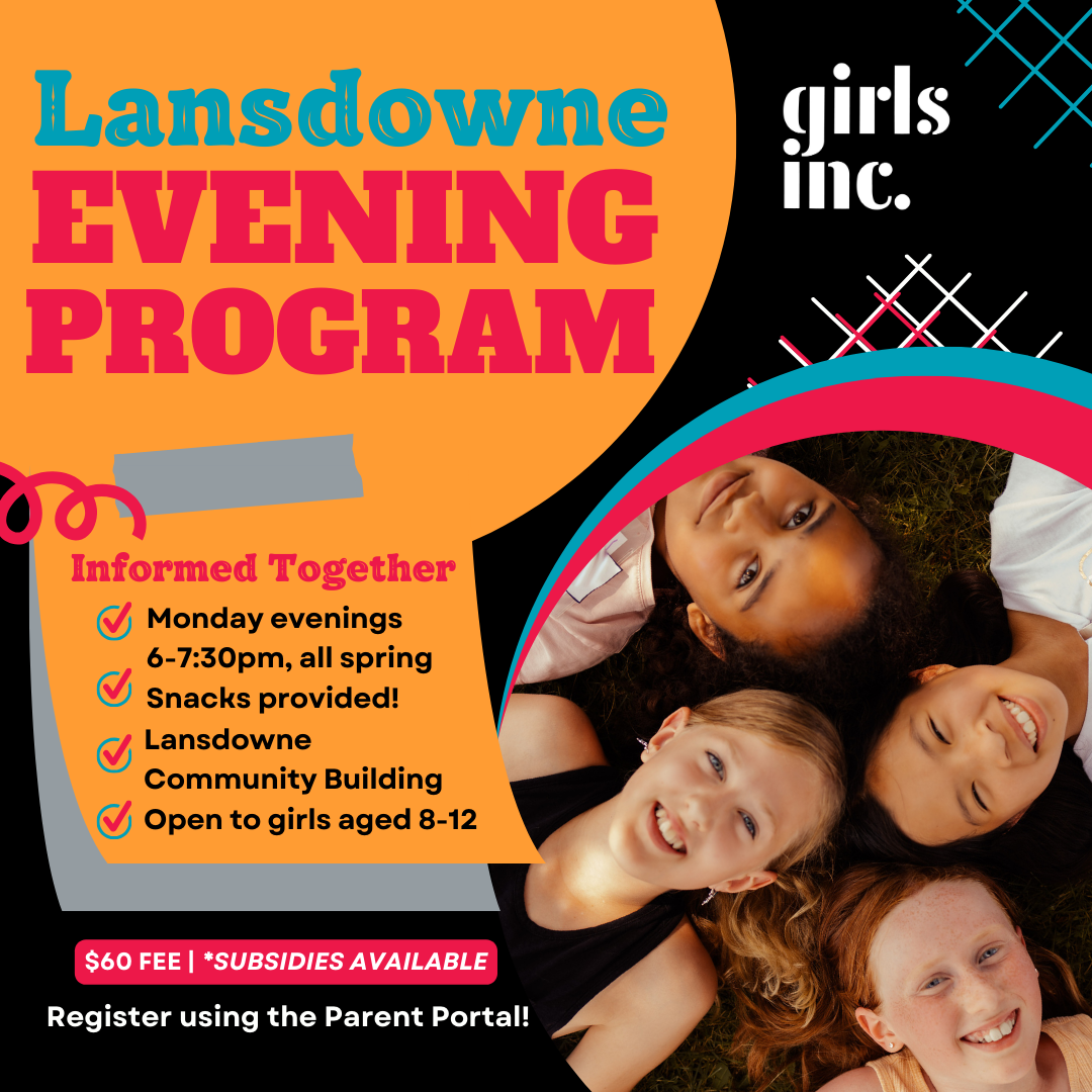 Lansdowne Evening Program Girls Inc with 4 girls head shots laying on the ground looking up at the camera