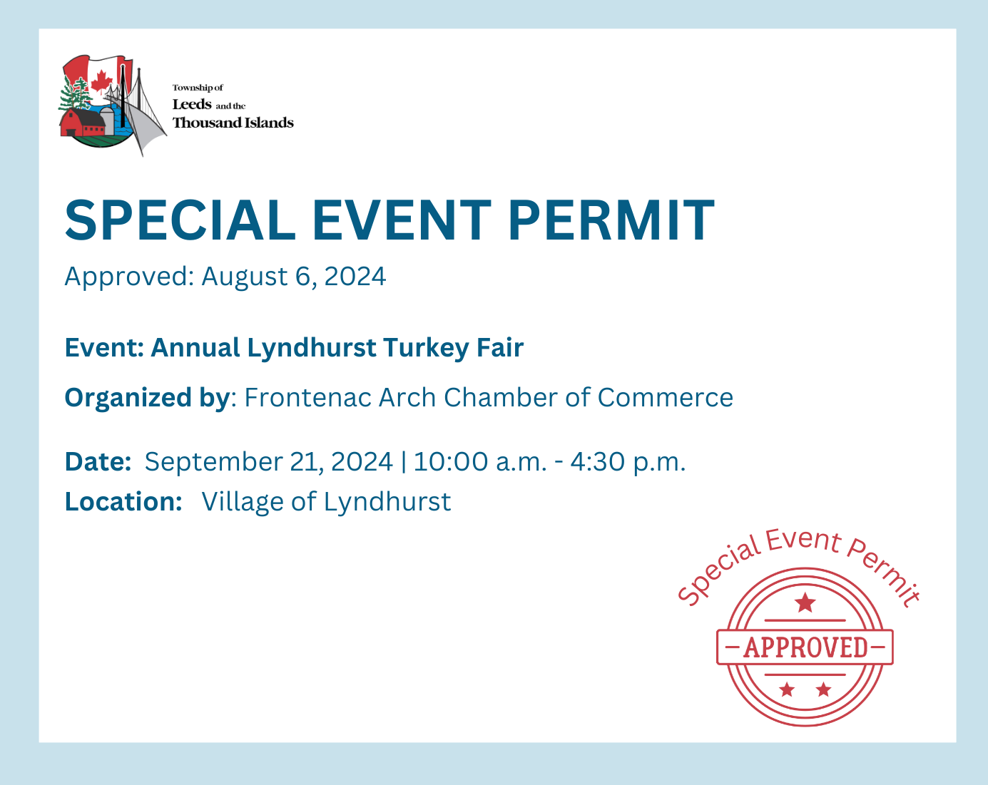 Special event permit approval certificate Turkey Fair