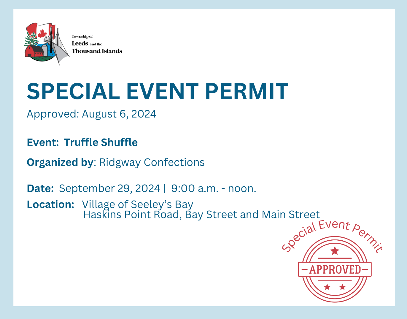 Special event permit approval certificate Truffle Shuffle Seeley's Bay