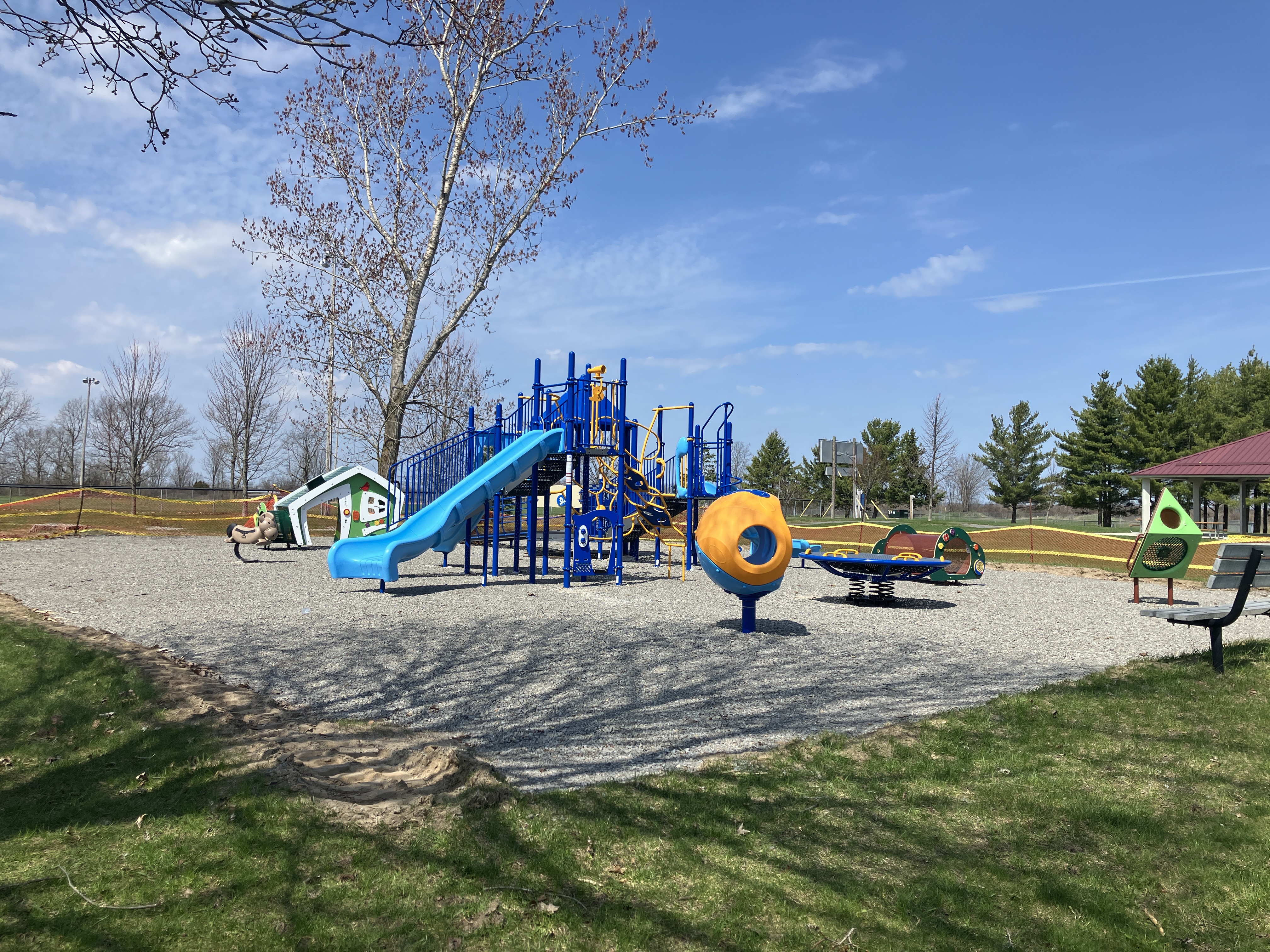 Playground equipment including a slide, egg, house, rocking horse, tilter and tunnel tube